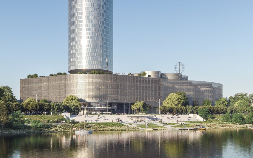 Pressemitteilung Neubau und Sanierung: Modell der Außenansicht der DEVK Zentrale mit Rheinufer