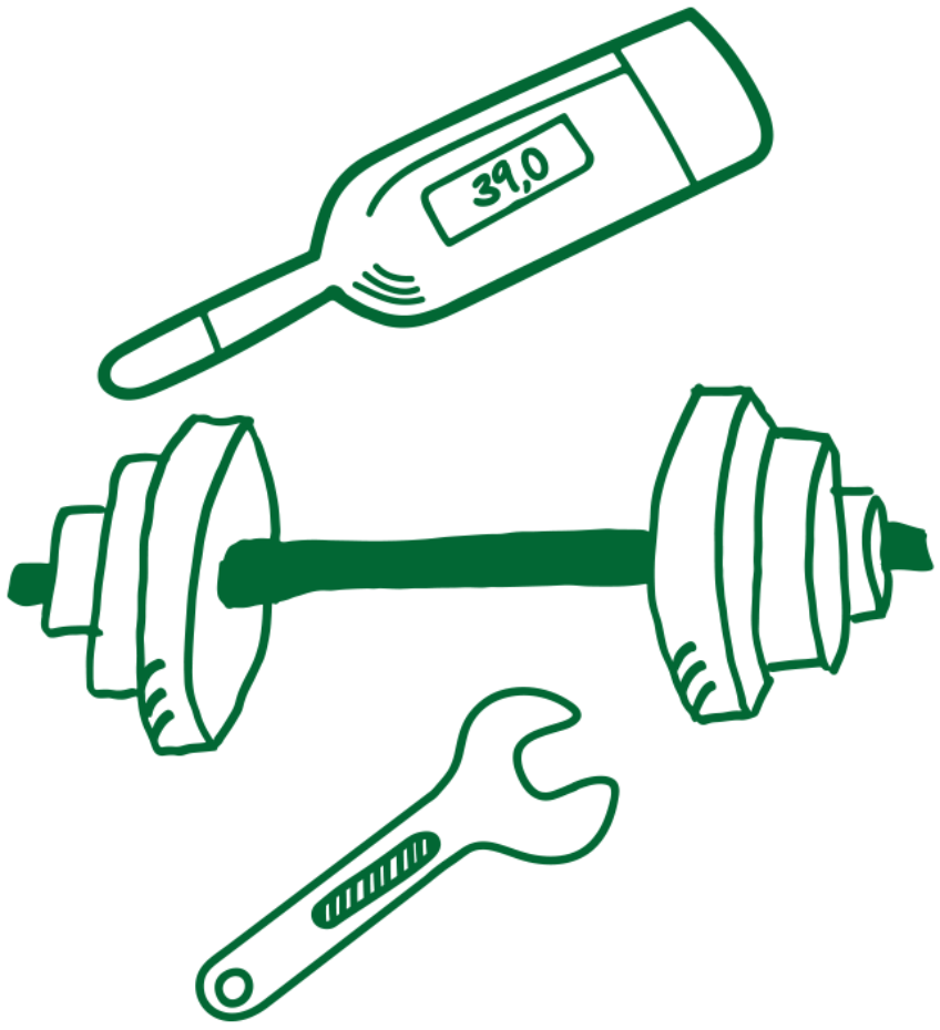 Grundfähigkeitsversicherung - Hantel, Thermometer und Schraubenschlüssel gezeichnet 