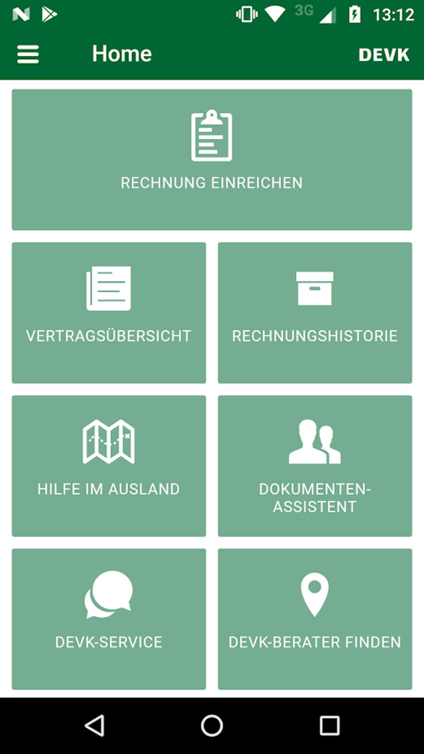 DEVK-Krankenversicherungs-App: Menü