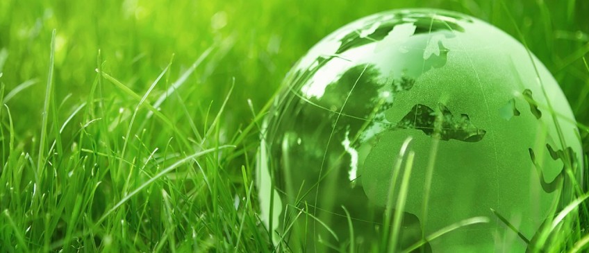 Umwelt-Engagement - gläserne Weltkugel im Gras