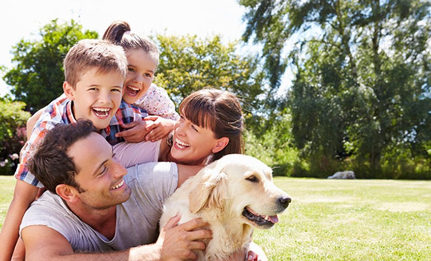 Hunde-Haftpflichtversicherung - Familie spielt mit Hund im Garten