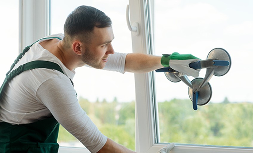 Glasversicherung – Mann setzt neues Fenster ein