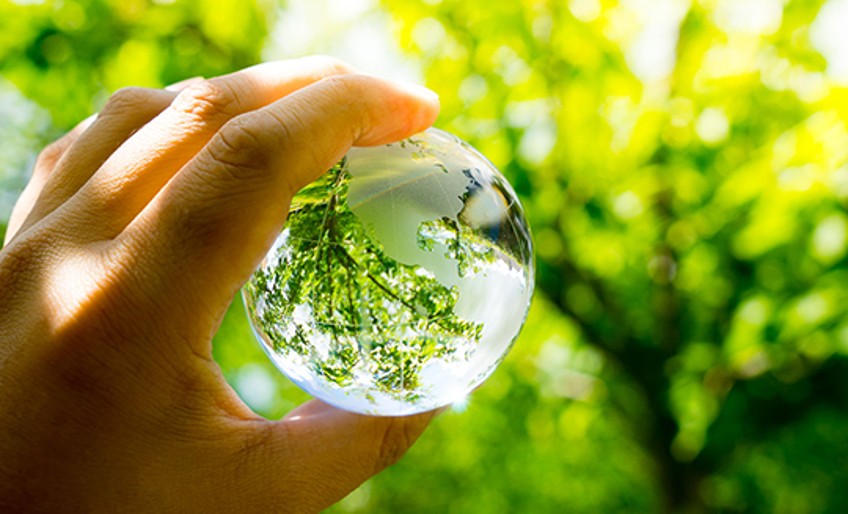 Ökologisches Engagement - Hand hält Glaskugel, die grüne Blätter spiegelt